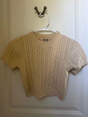 Free People Pale Cream Ribbed Knit Short Sleeve Top